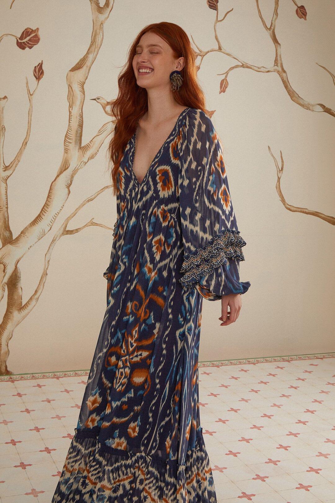 Pineaple Ikat Blue Maxi Dress, PINEAPPLE IKAT BLUE / M Product Image