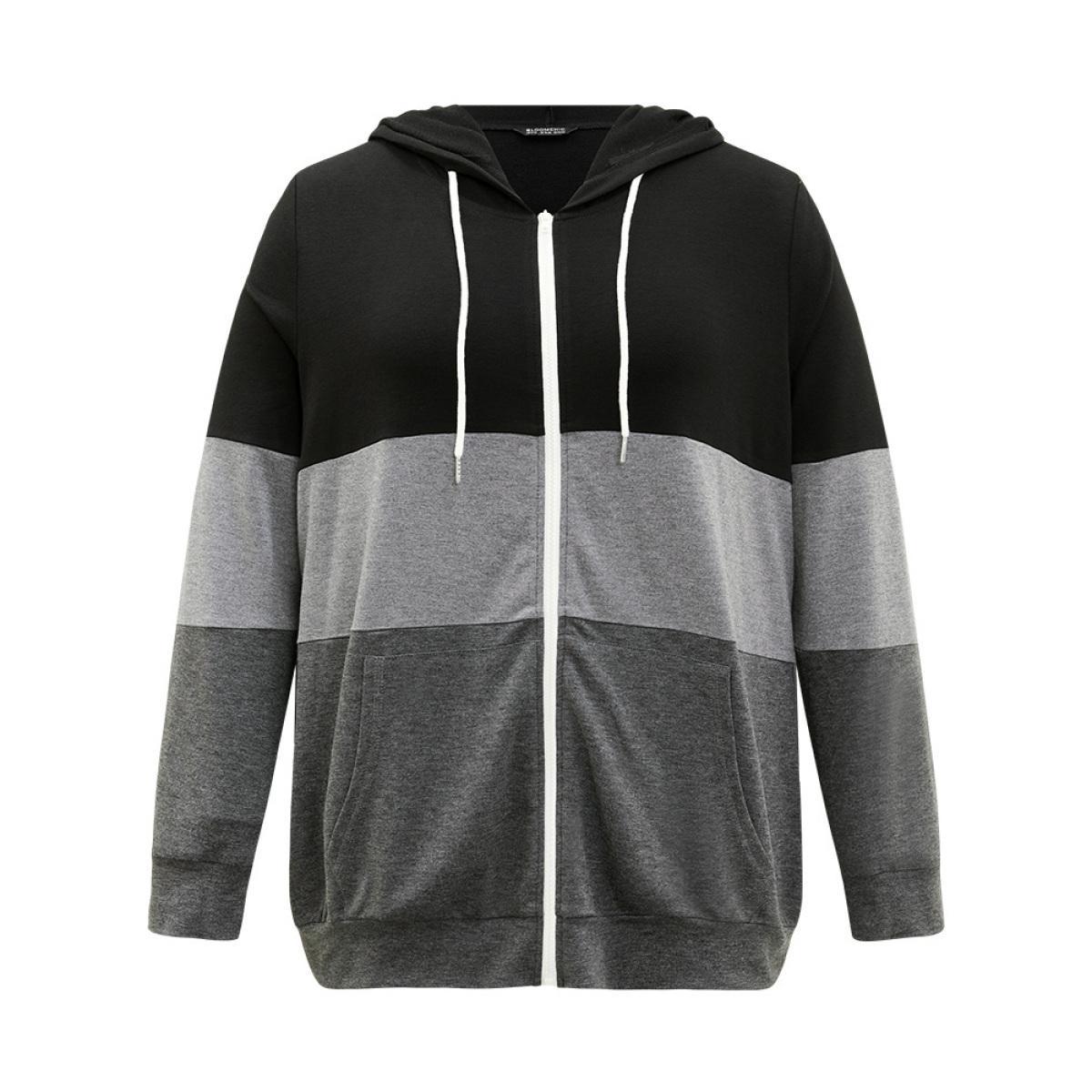 Plus Size Colorblock Contrast Drawstring Zipper Hooded Sweatshirt Women Multicolor Casual Contrast Hooded Everyday Sweatshirts BloomChic 22-24/3X Product Image