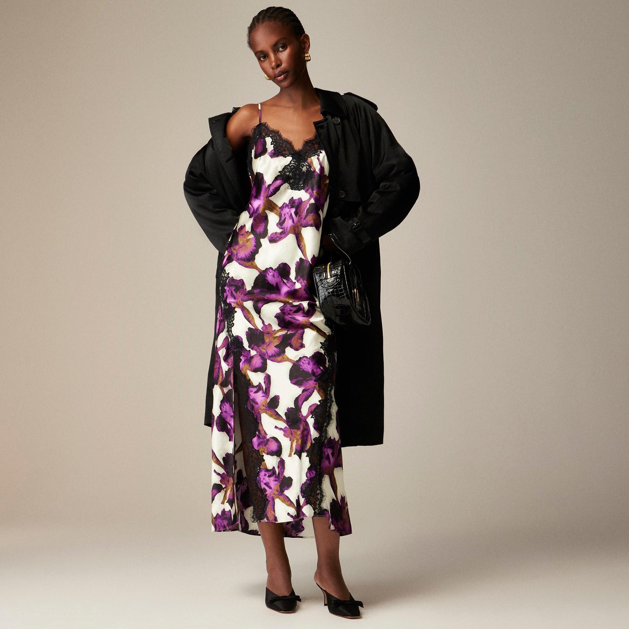 Lace-trim slip dress in iris floral textured satin Product Image