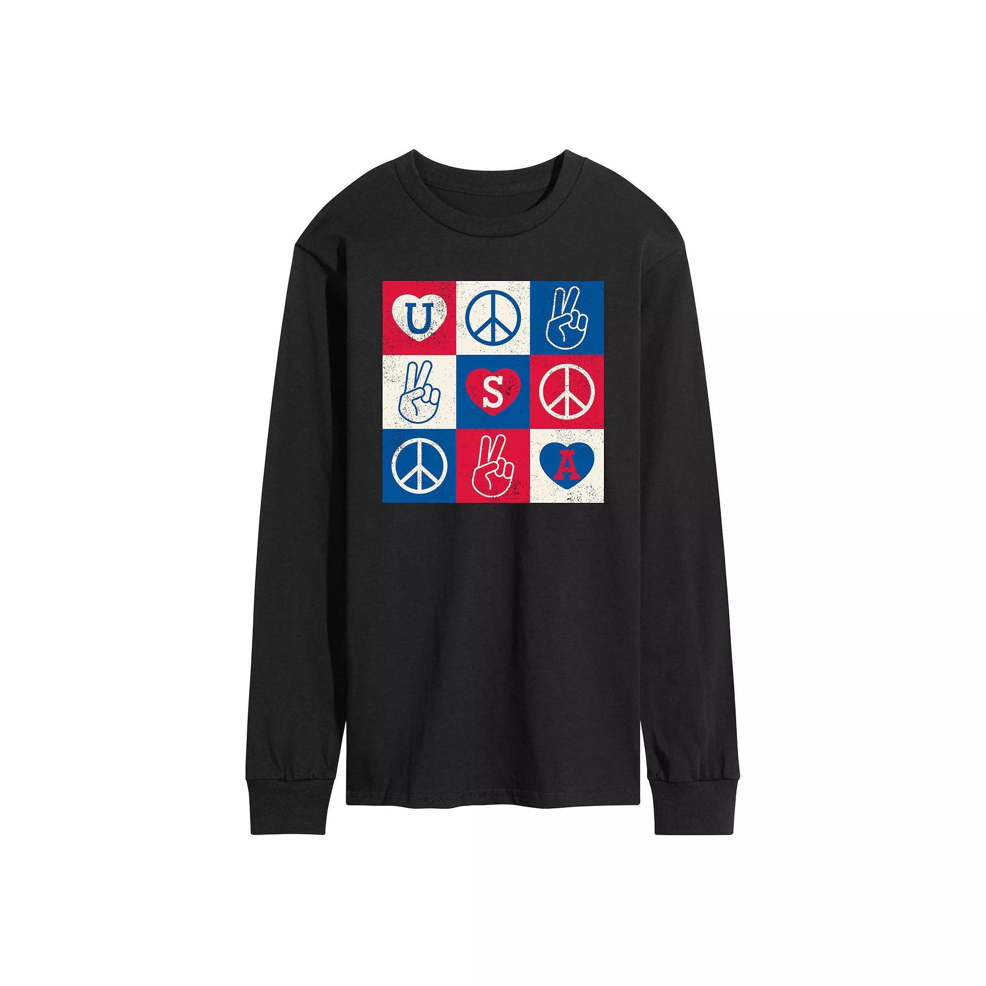 Mens USA Peace Grid Long Sleeve Graphic Tee. Grey Gray Product Image