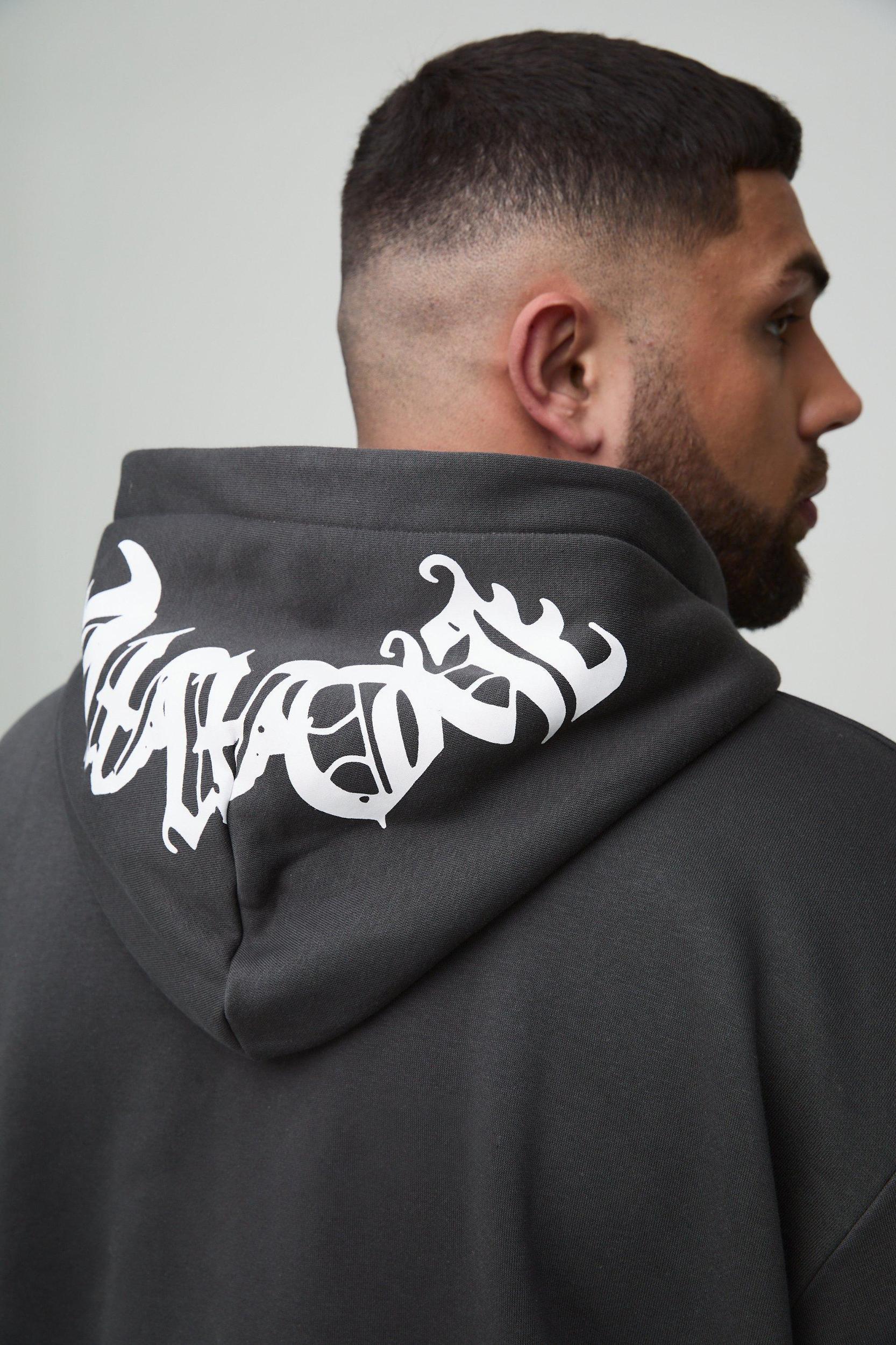Plus Oversized Boxy Zip Heart Print Zip Hooded Double Waistband Tracksuit | boohooMAN USA Product Image
