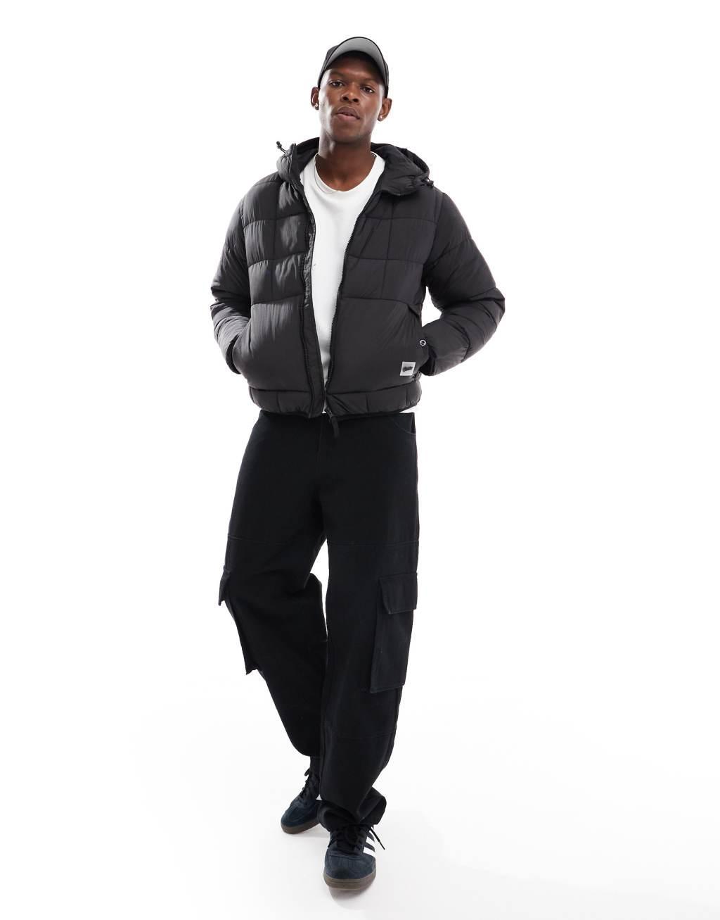 Pull&Bear lightweight puffer jacket with hood in black Product Image