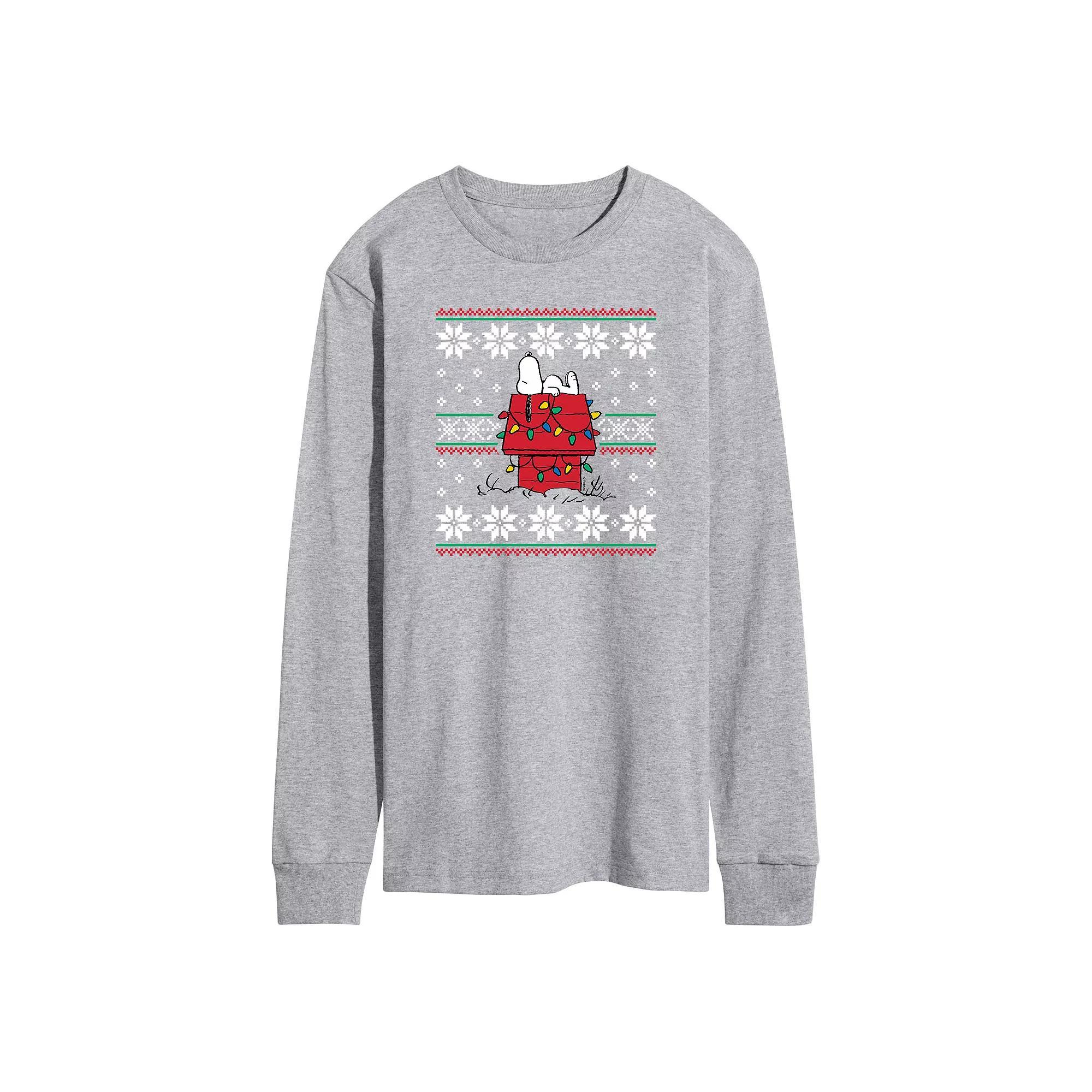 Men's Peanuts Dashing Doghouse Ugly Sweater Long Sleeve Tee, Size: XL, Gray Product Image