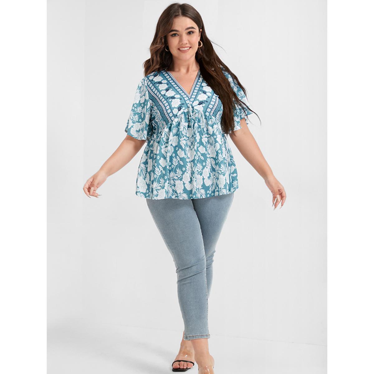 Plus Size LightBlue Floral Print Ties Ruffled Babydoll V Neck Blouse Women Vacation Short sleeve V-neck Dailywear Blouses BloomChic 18-20/2X Product Image