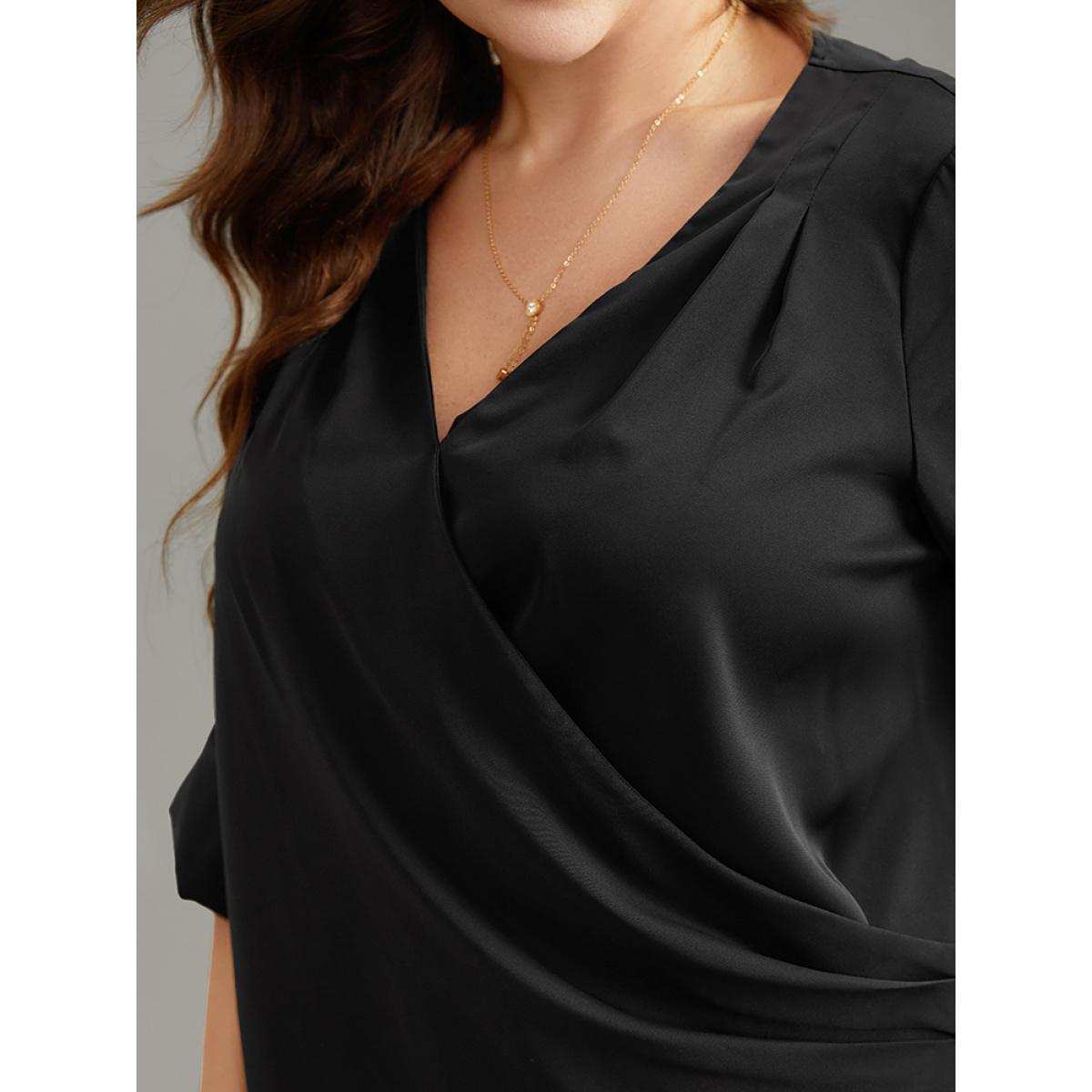 Plus Size Black Plain Tab Sleeve Wrap Pleated Blouse Women Work From Home Long Sleeve V-neck Work Blouses BloomChic 10/M Product Image