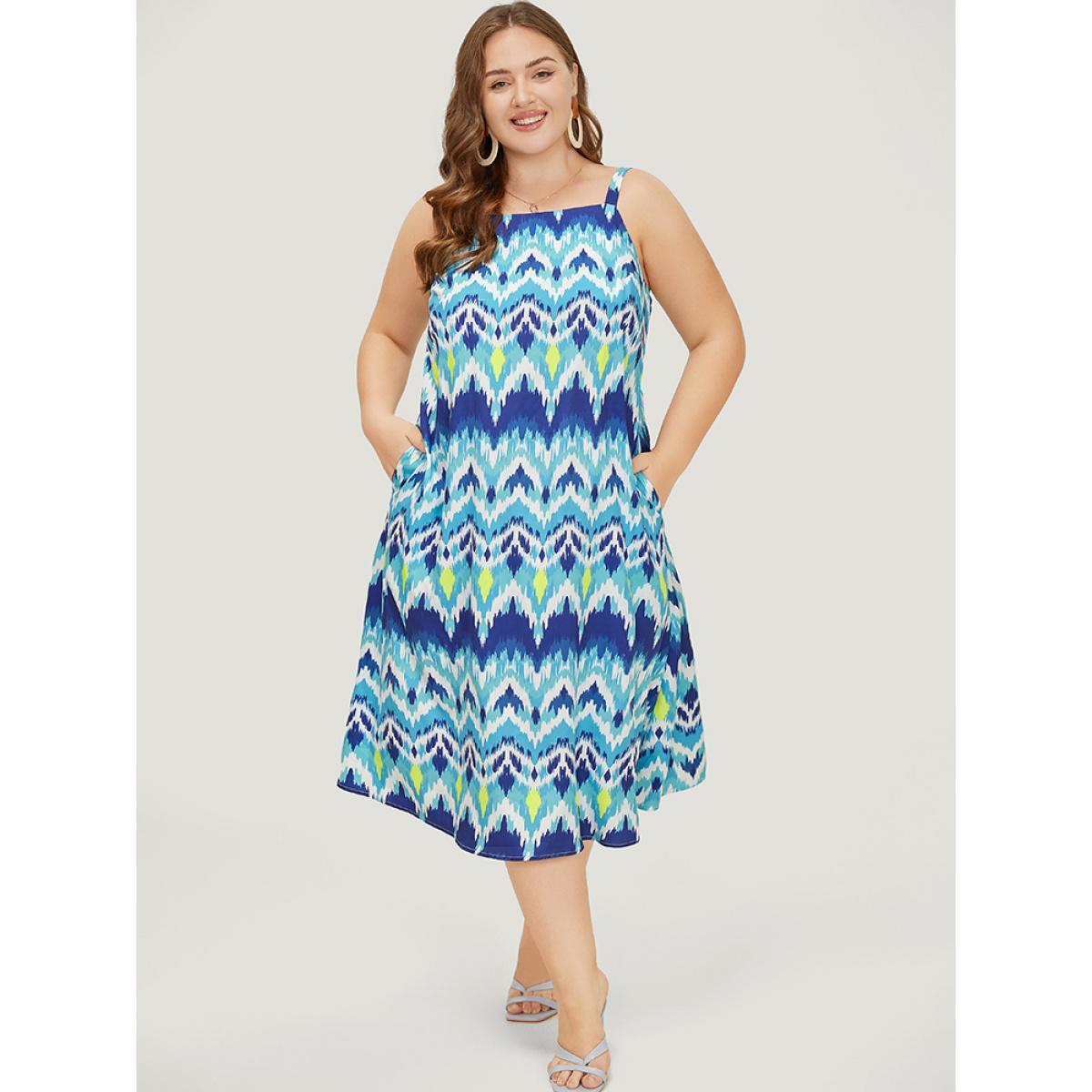 Plus Size Bandana Geometric Ruffles Hem Pocket Spaghetti Strap Dress LightBlue Women Vacation Spaghetti Strap Sleeveless Curvy Midi Dress BloomChic 12/L Product Image