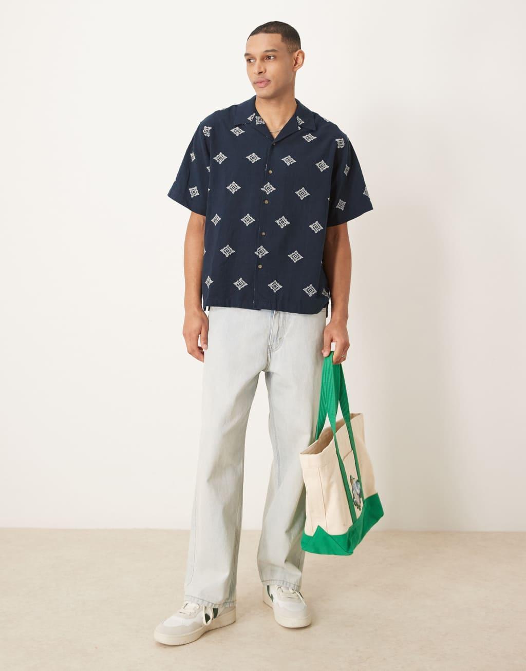 Selected Homme boxy fit revere collar shirt with embroidery in navy  Product Image