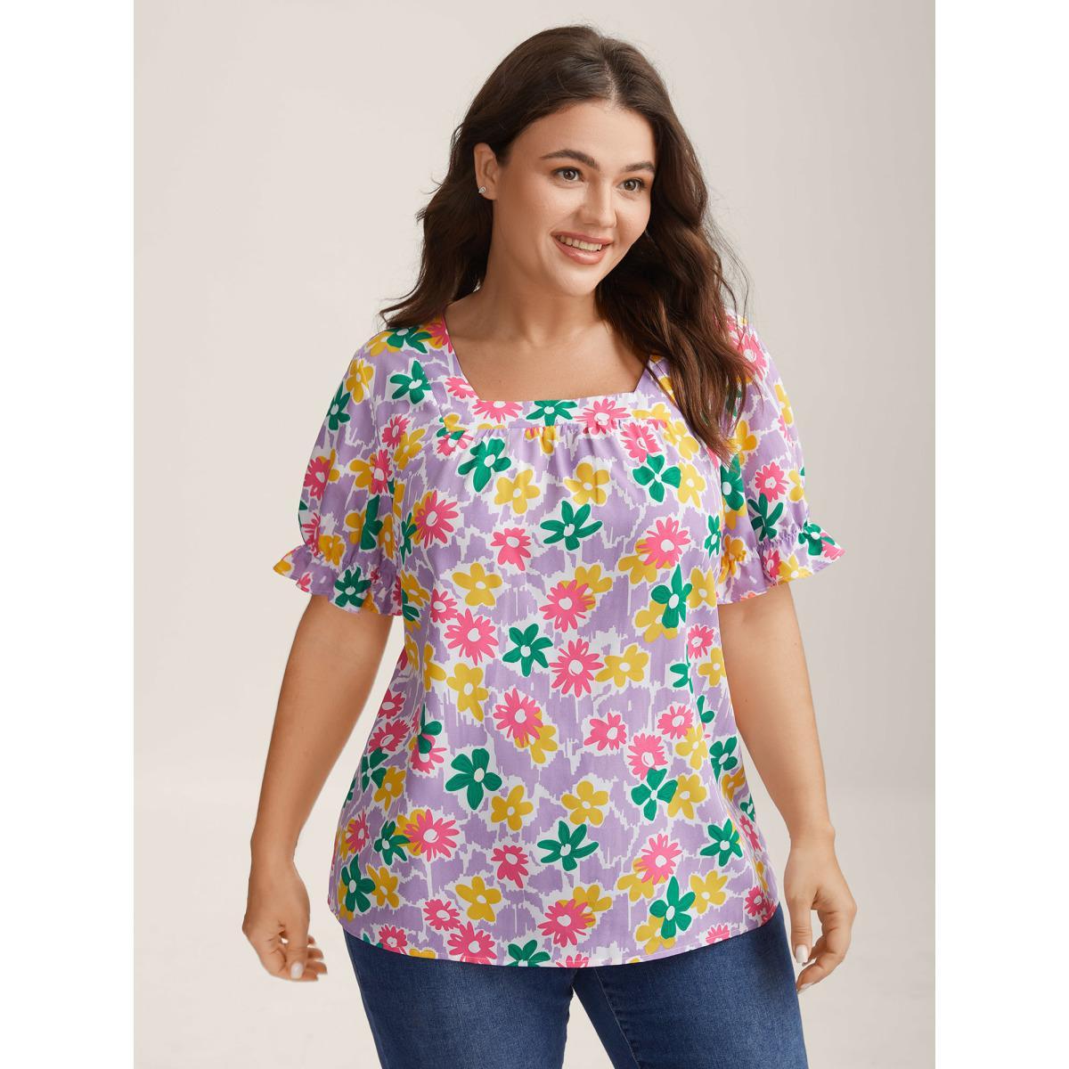 Plus Size Lilac Rainbow Floral Print Pleated Blouse Women Short sleeve Square Neck Everyday-Casual Blouses BloomChic 14-16/1X Product Image