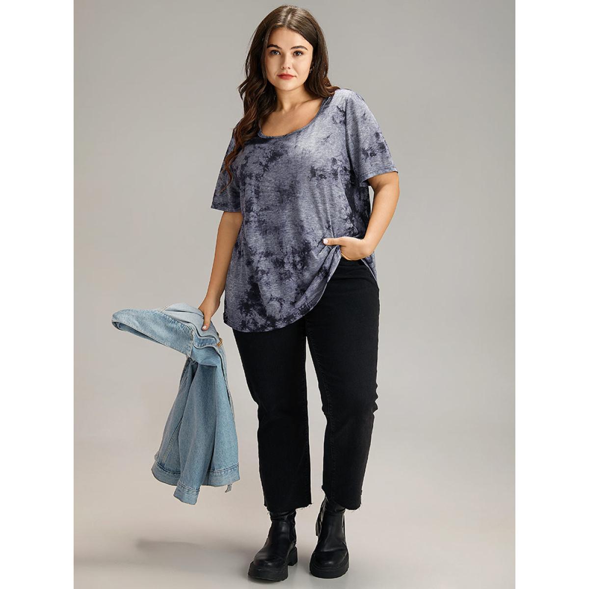 Plus Size Tie Dye Square Neck T-shirt Multicolor Women Casual Tie Dye Tie Dye Square Neck Dailywear T-shirts BloomChic 14-16/1X Product Image