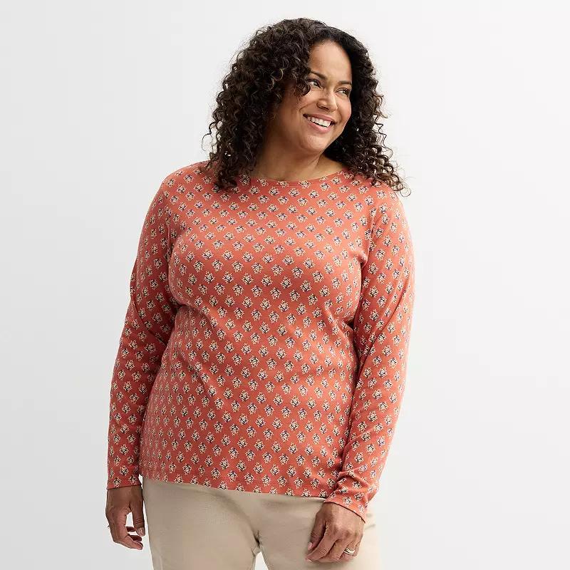 Plus Size Croft & Barrow® Essential Crewneck Long Sleeve Tee, Women's, Size: 1XL, Navy Night Red Product Image