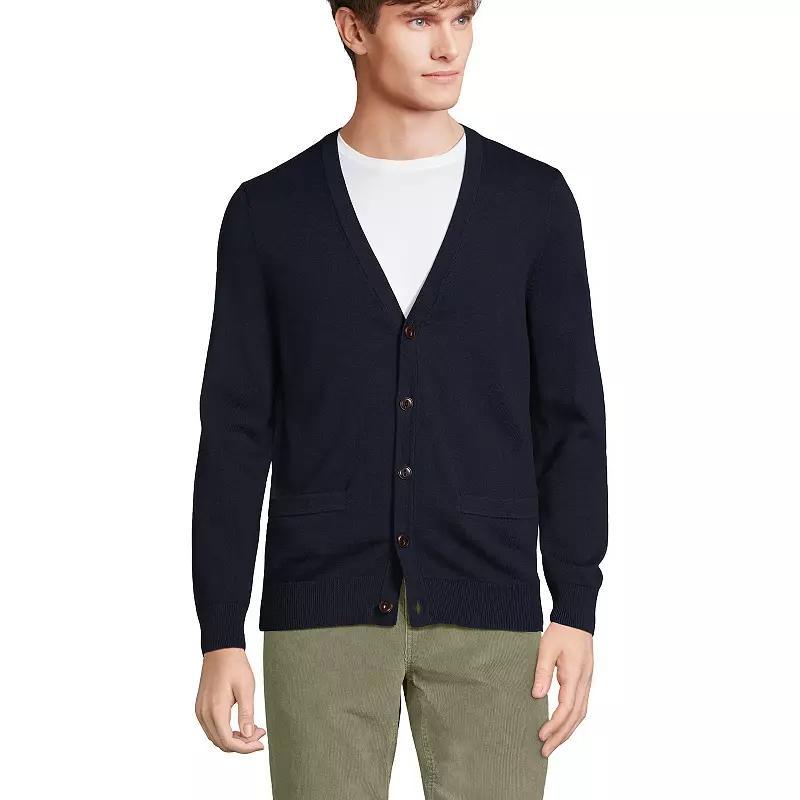 Men's Lands' End Fine Gauge Cotton Cardigan Sweater, Size: Medium, Grey Heather Product Image