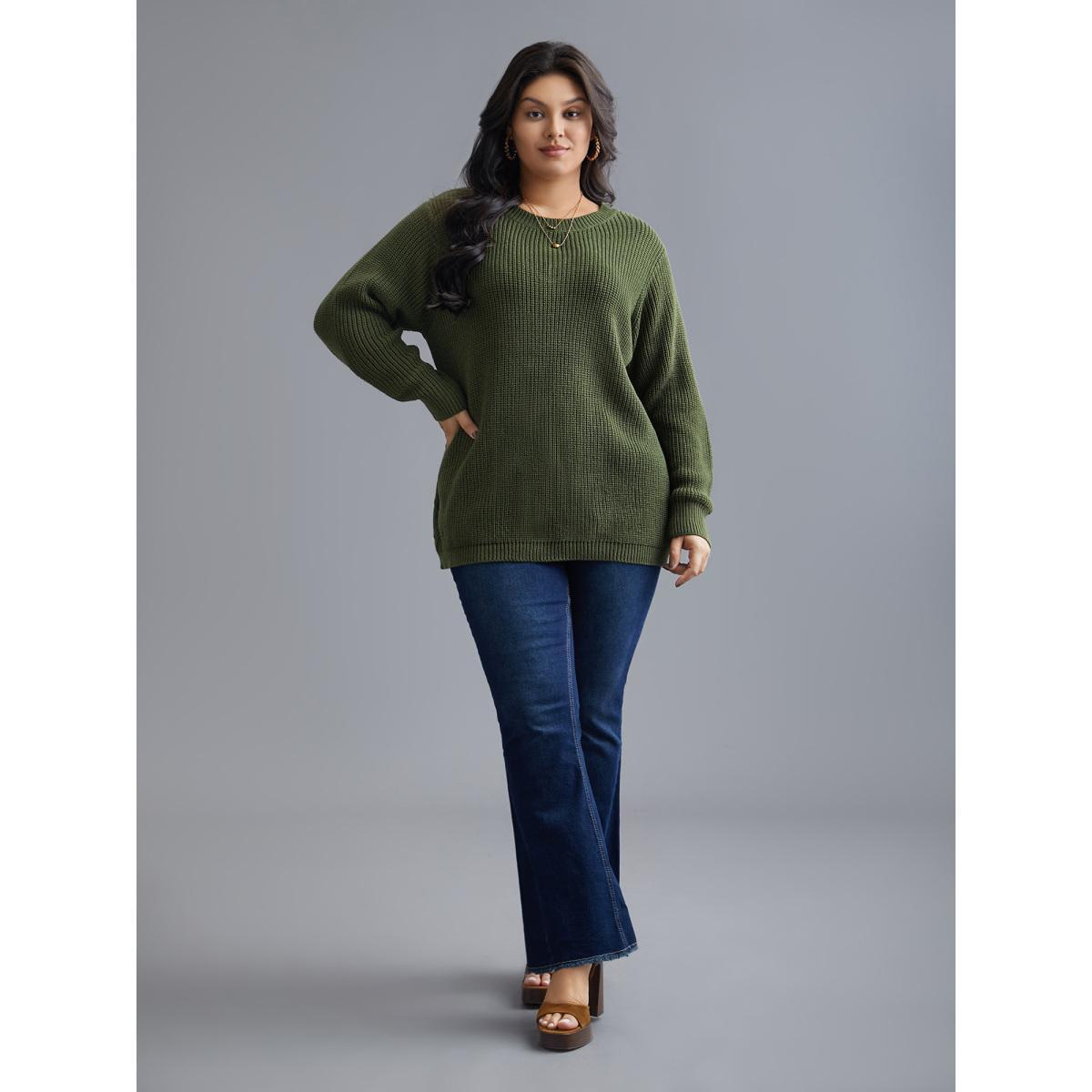Plus Size Plain Hollow Out Cable Knit Pullover Moss Women Casual Loose Long Sleeve Round Neck Everyday Pullovers BloomChic 22-24/3X Product Image