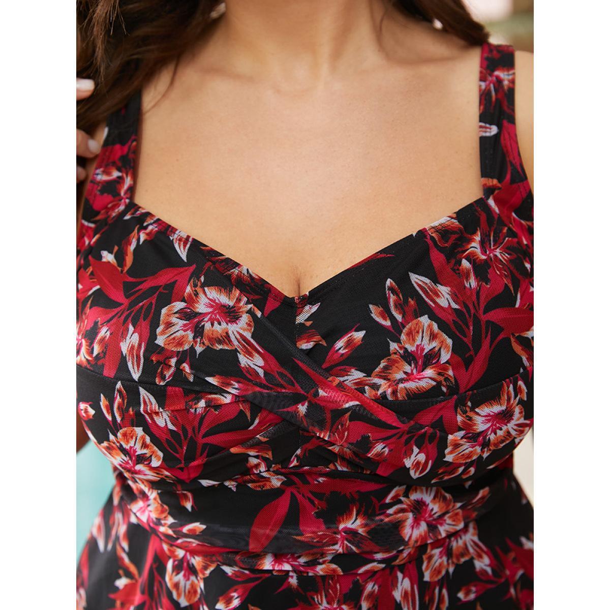 Plus Size Floral Ruched Crossover Sculpt Waist V Neck Swim Dress Women's Swimwear BlackFlower Vacation Bodycon Spaghetti Strap High stretch Curve Swim Dresses BloomChic 12/L Product Image
