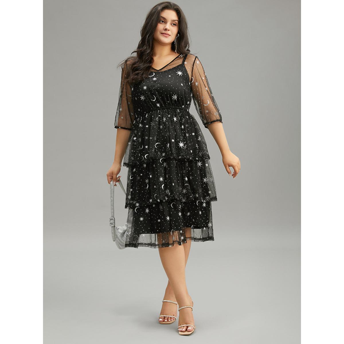Plus Size Crochet Lace Mesh Moon & Star Dress Black Women Cocktail See through V-neck Elbow-length sleeve Curvy Midi Dress BloomChic 28/5X Product Image