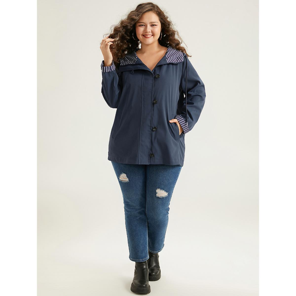 Plus Size Striped Patchwork Zipper Pocket Drawstring Coat Women DarkBlue Casual Contrast Ladies Everyday Winter Coats BloomChic 12/L Product Image
