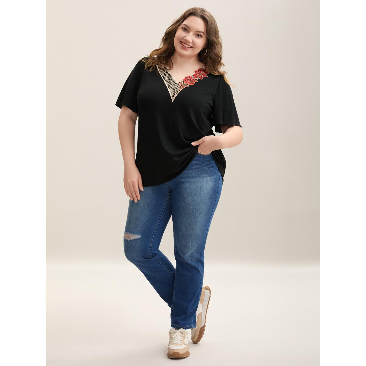 Plus Size Lace Floral Flutter Plain T-Shirt Black Women Casual Woven ribbon&lace trim V-neck Everyday T-shirts BloomChic 14-16/1X Product Image