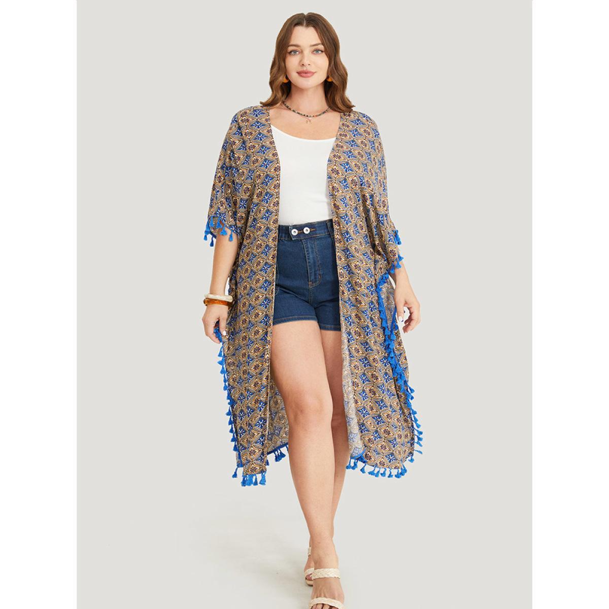 Plus Size Bandana Batwing Sleeve Tassels Trim Split Open Front Kimono Women Aegean Vacation Loose Belt Dailywear Kimonos BloomChic 14-16/1X Product Image