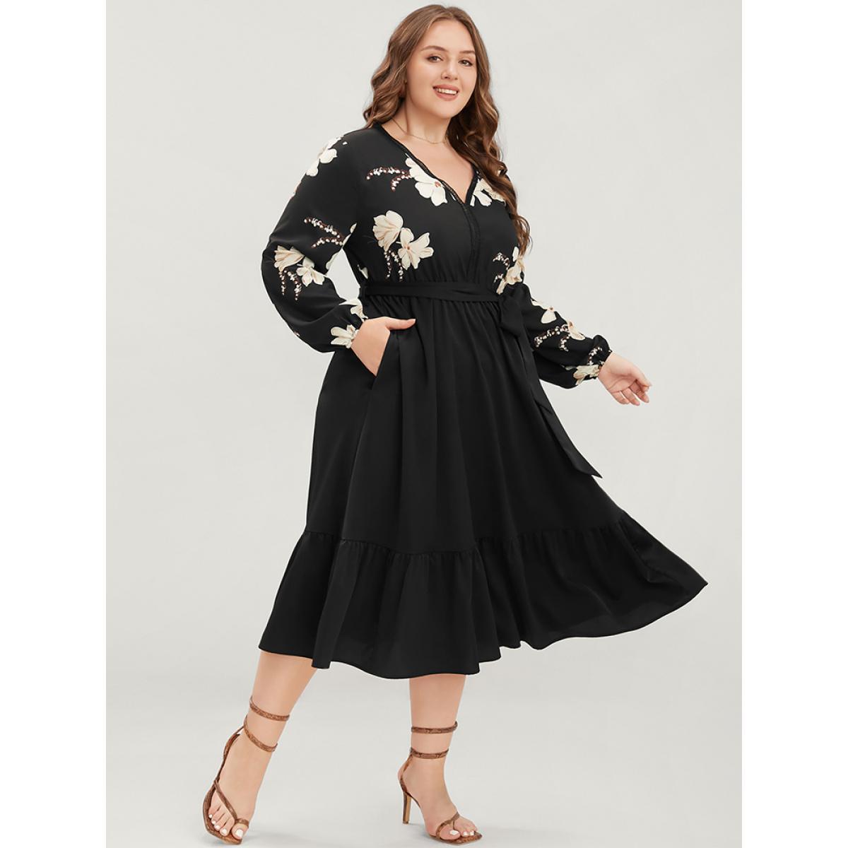 Plus Size Floral Pocket Broderie Anglaise Lantern Sleeve Belted Flutter Dress BlackFlower Women Elegant Pocket V-neck Long Sleeve Curvy Midi Dress BloomChic 22-24/3X Product Image