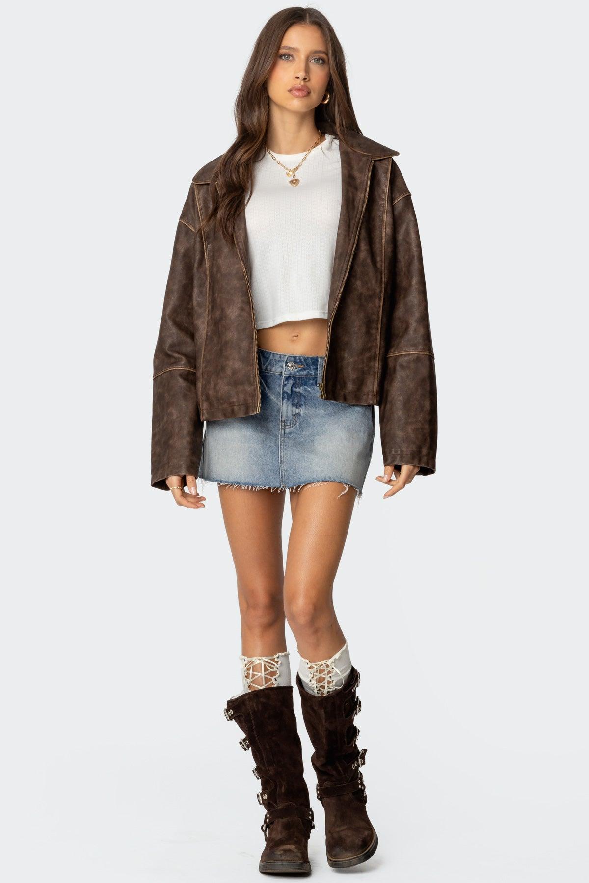 Oversized Washed Faux Leather Jacket Product Image