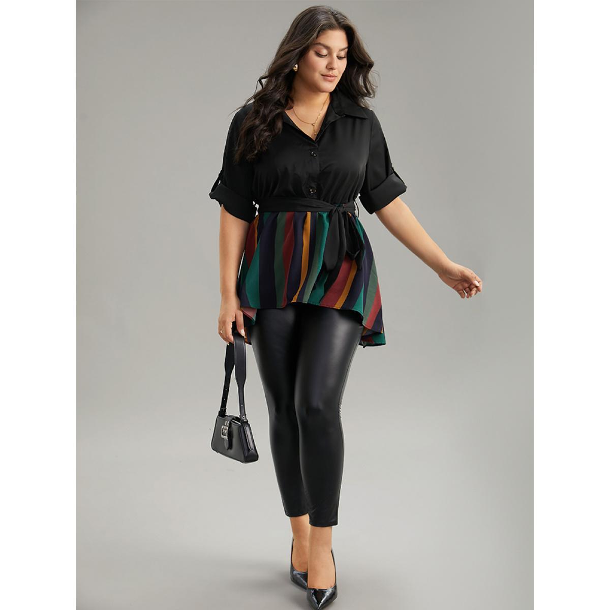 Plus Size Black Colour Striped Patchwork Belted Tab Sleeve Blouse Women Office Elbow-length sleeve Shirt collar Work Blouses BloomChic 18-20/2X Product Image