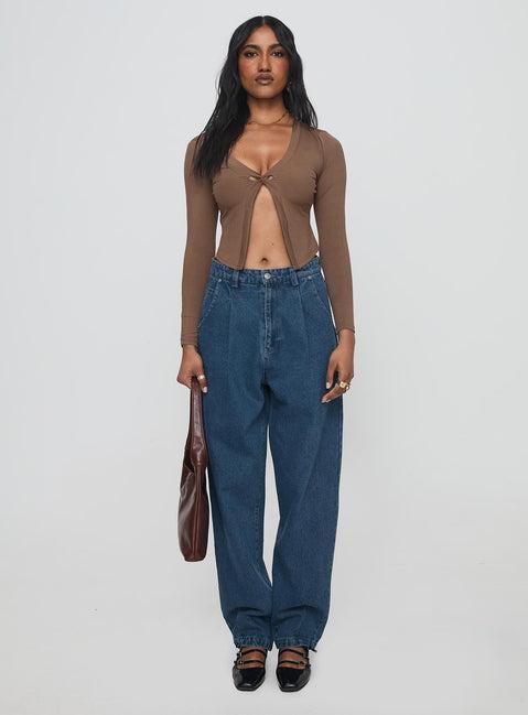 Forestier Mid Rise Barrel Leg Pin Tuck Jeans Mid Blue Product Image