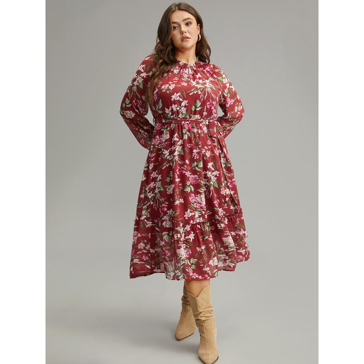 Plus Size Floral Print Belted Patchwork Gathered Dress Scarlet Women Elegant Elastic cuffs Round Neck Long Sleeve Curvy Midi Dress BloomChic 22-24/3X Product Image