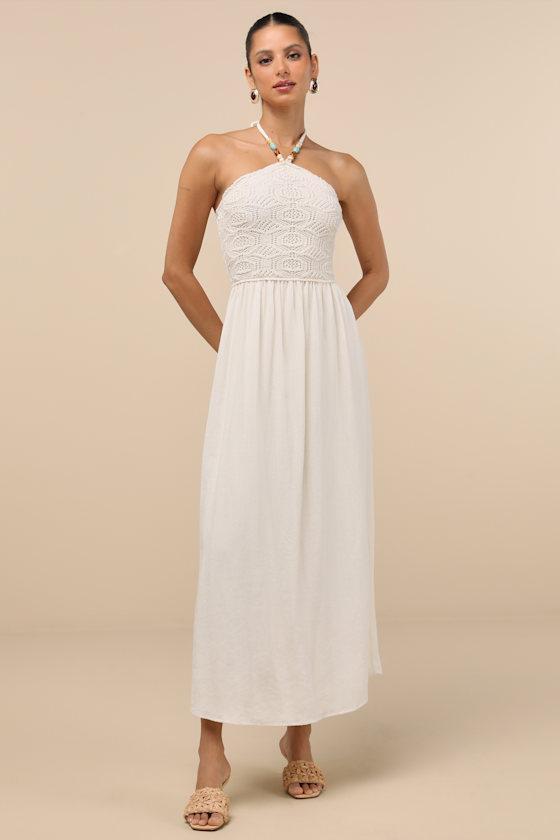 Cosma Ivory Beaded Crochet Knit Halter Midi Dress Product Image