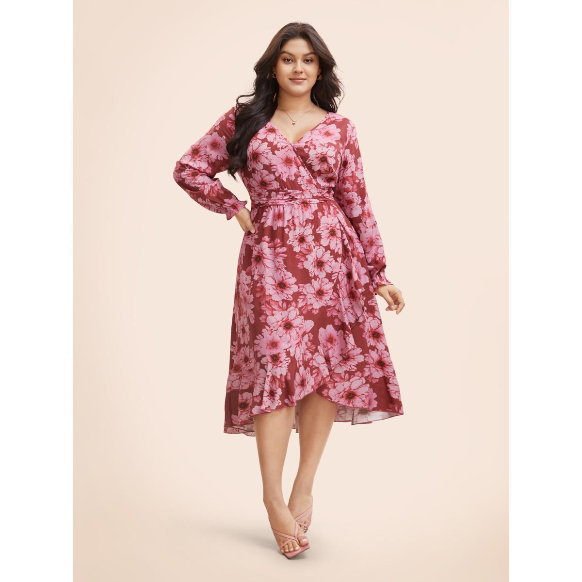 Plus Size Floral Overlap Collar Ruffle Trim Dress RedViolet Women Elegant Gathered Overlap Collar Long Sleeve Curvy BloomChic 14-16/1X Product Image