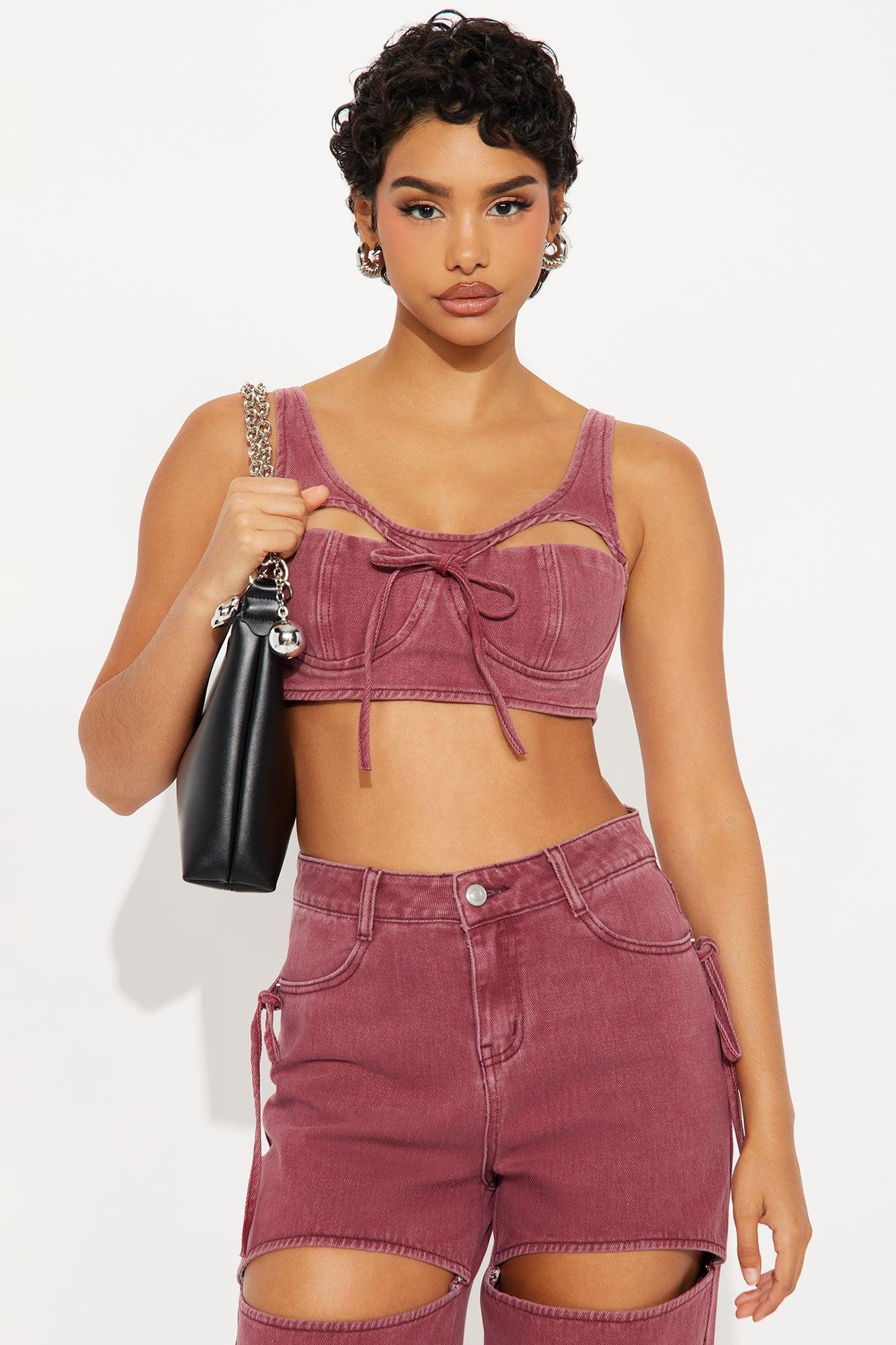 Cut It Out Denim Pant Set - Burgundy Female Product Image