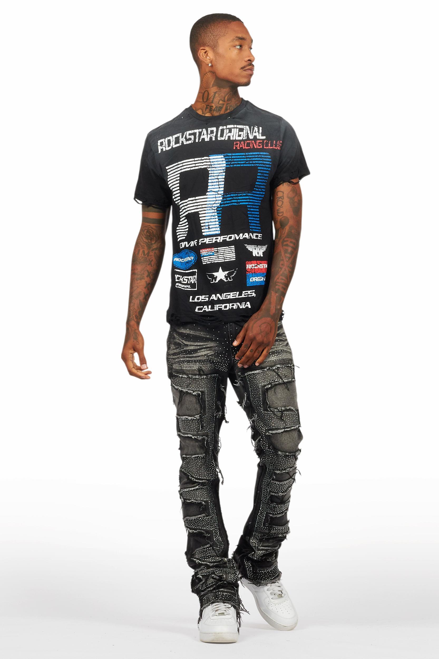 Shake Dark Grey Rhinestone Stacked Flare Jean Male Product Image