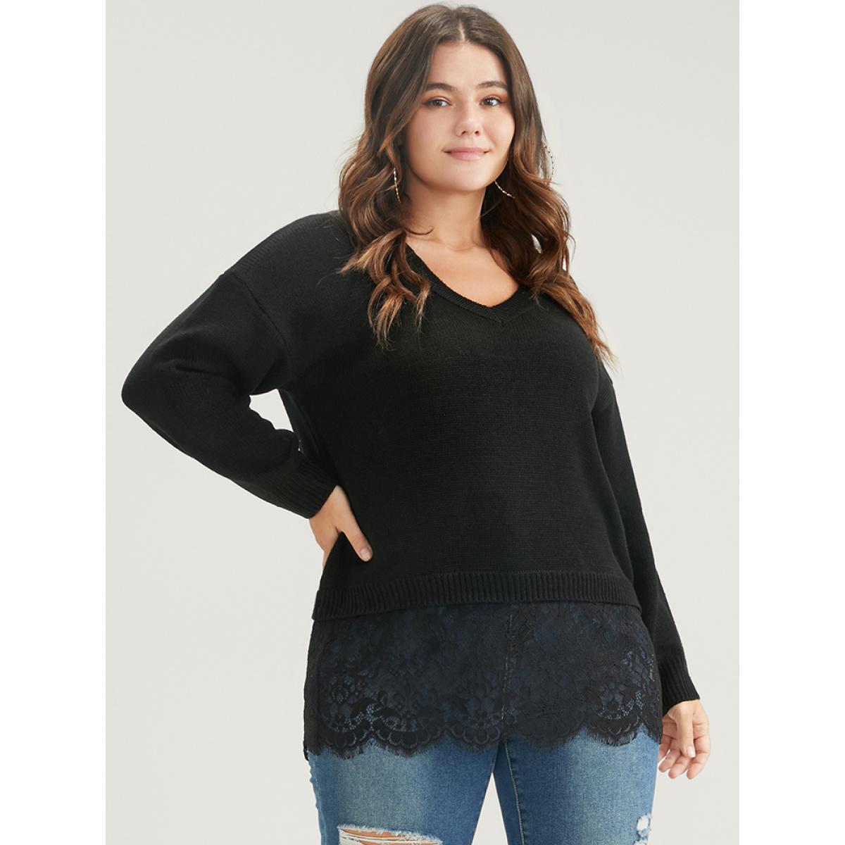 Plus Size Solid Pointelle Knit V Neck Lace Hem Knit Top Black Women Casual Long Sleeve V-neck Dailywear Pullovers BloomChic 12/L Product Image