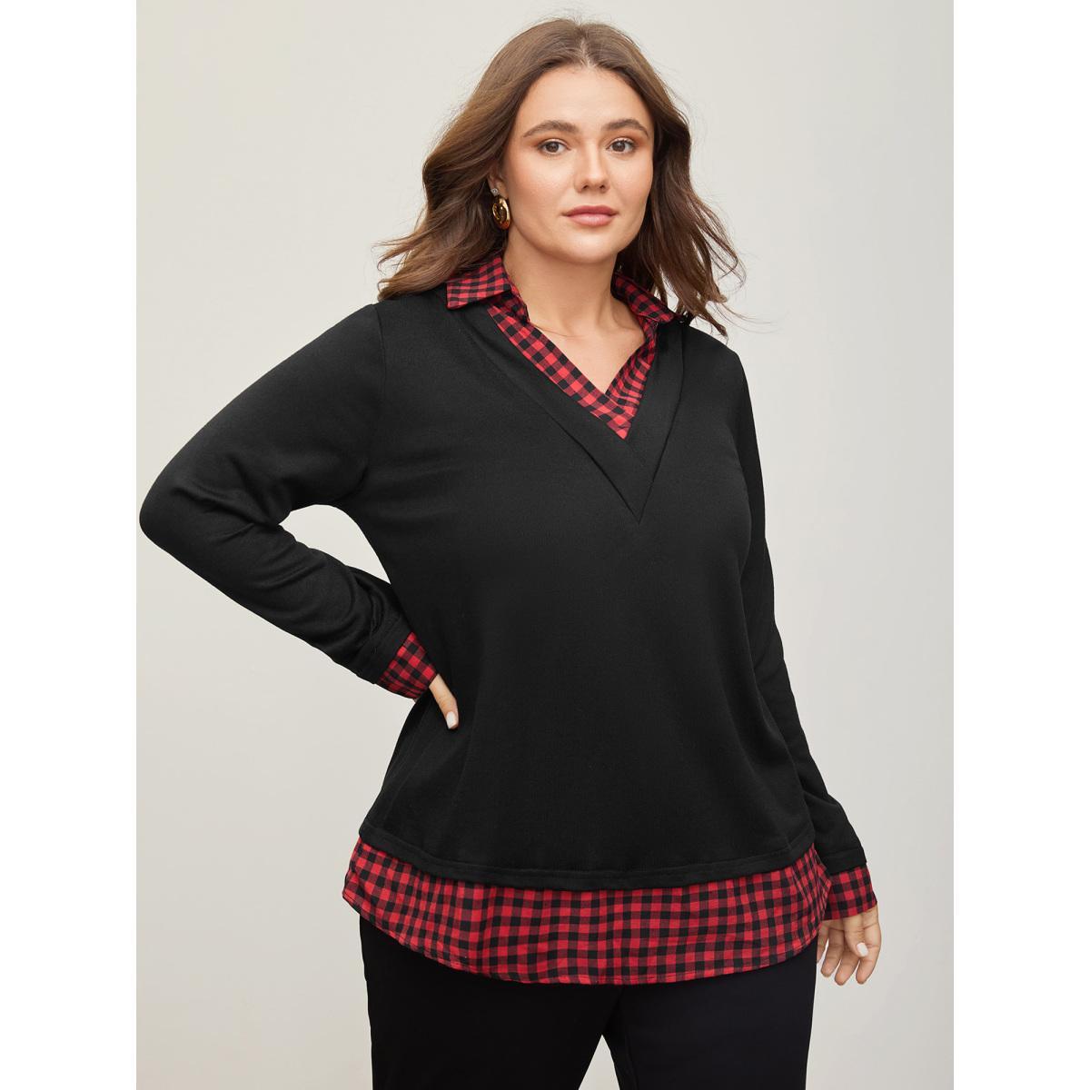Plus Size Gingham Patchwork Shirt Collar Arc Hem Sweatshirt Women Multicolor Casual Patchwork V-neck Everyday Sweatshirts BloomChic 14-16/1X Product Image