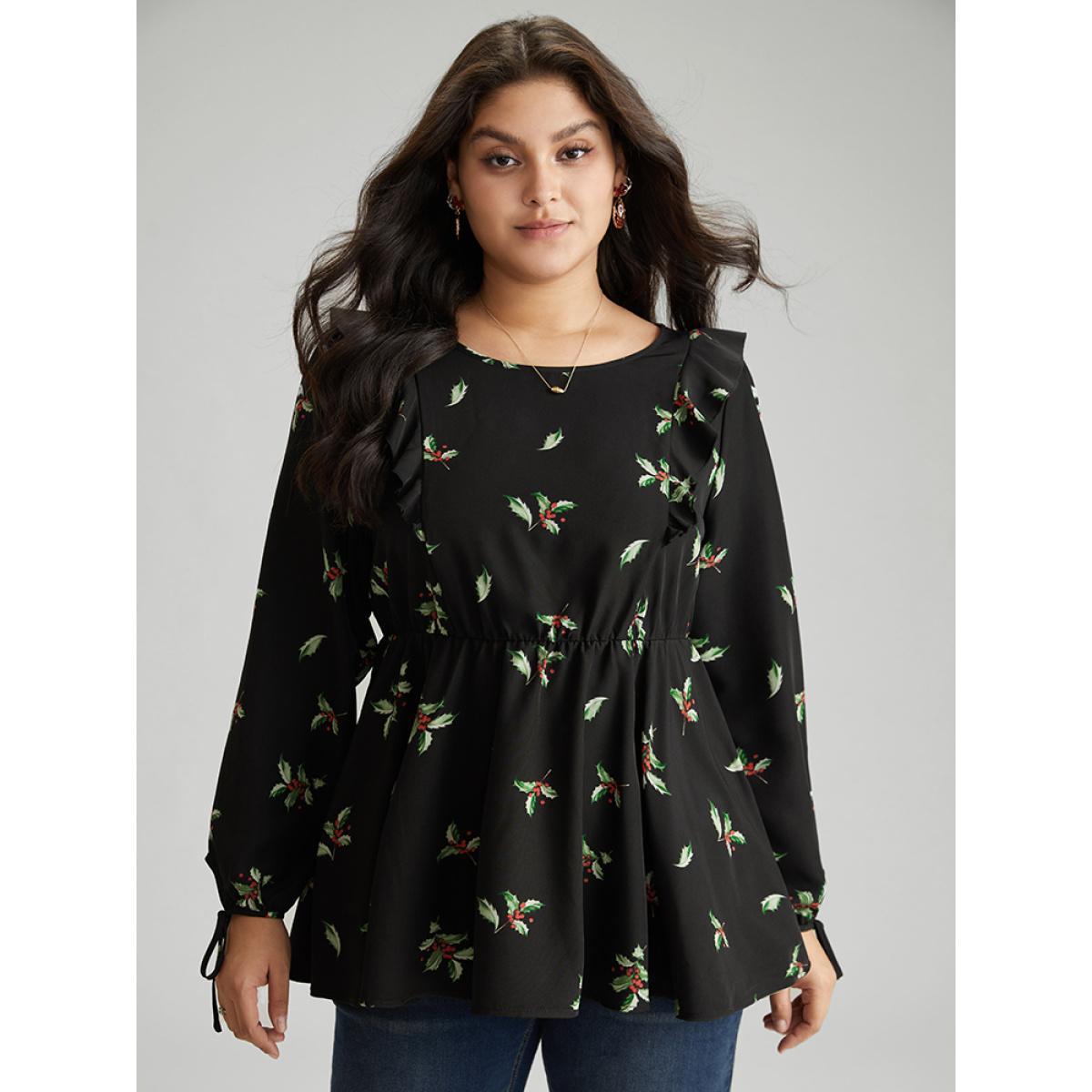 Plus Size Black Christmas Ruffles Elastic Waist Ties Lantern Sleeve Blouse Women Elegant Long Sleeve Round Neck Festival-Christmas Blouses BloomChic 14-16/1X Product Image