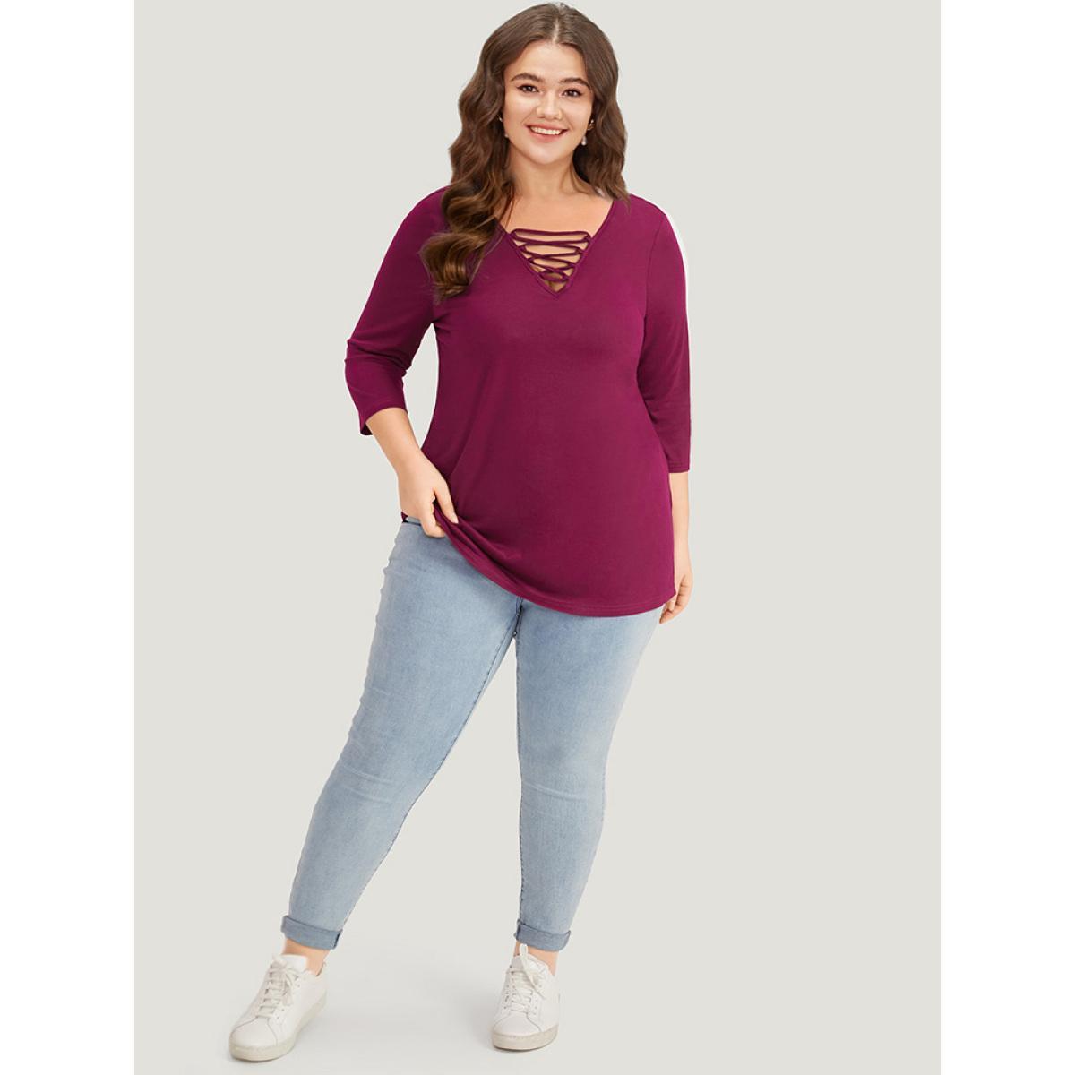 Plus Size Solid Crisscross Three Quater Length Sleeve Deep V Neck T-shirt Burgundy Women Casual Plain Plain Deep V-neck Dailywear T-shirts BloomChic 26/4X Product Image