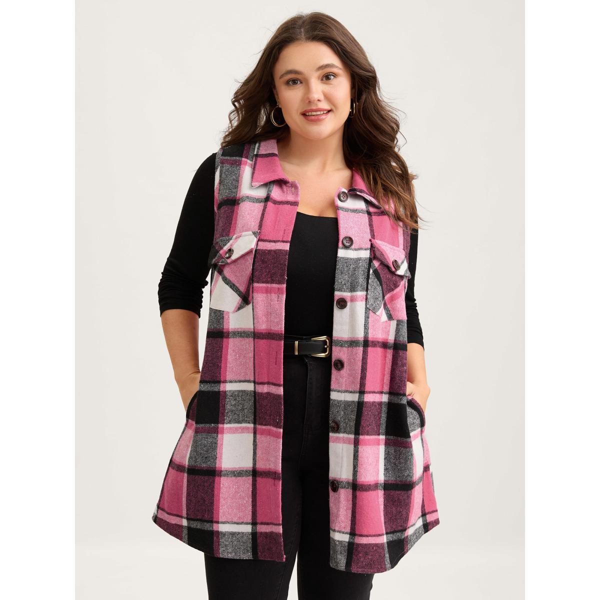 Plus Size Plaid Flap Detail Sleeveless Jacket Women Rosered Button Side seam pocket Everyday Jackets BloomChic 30/6X Product Image