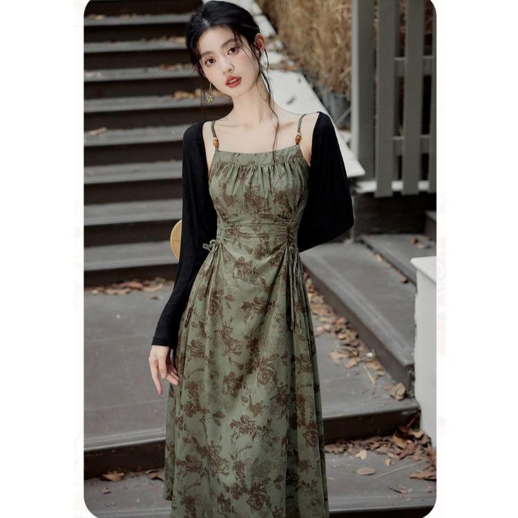 Set: Spaghetti Strap Floral Maxi A-Line Dress + Long Sleeve Shrug Product Image