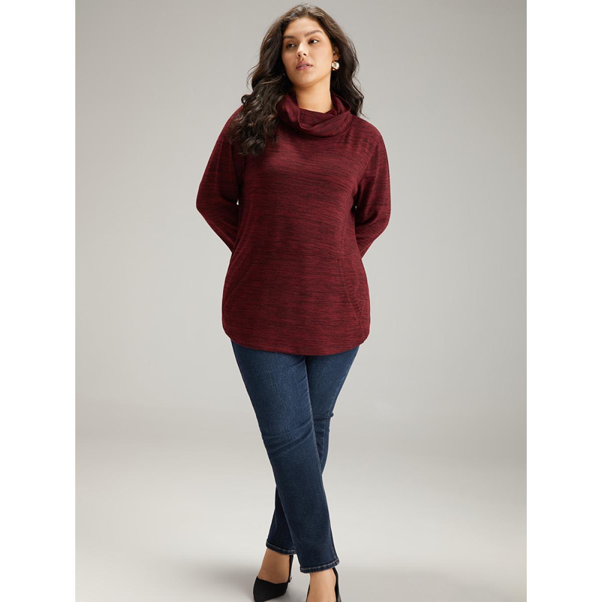 Plus Size Plain Turtleneck Pocket Heather Sweatshirt Women Burgundy Elegant Plain Turtleneck Dailywear Sweatshirts BloomChic 22-24/3X Product Image
