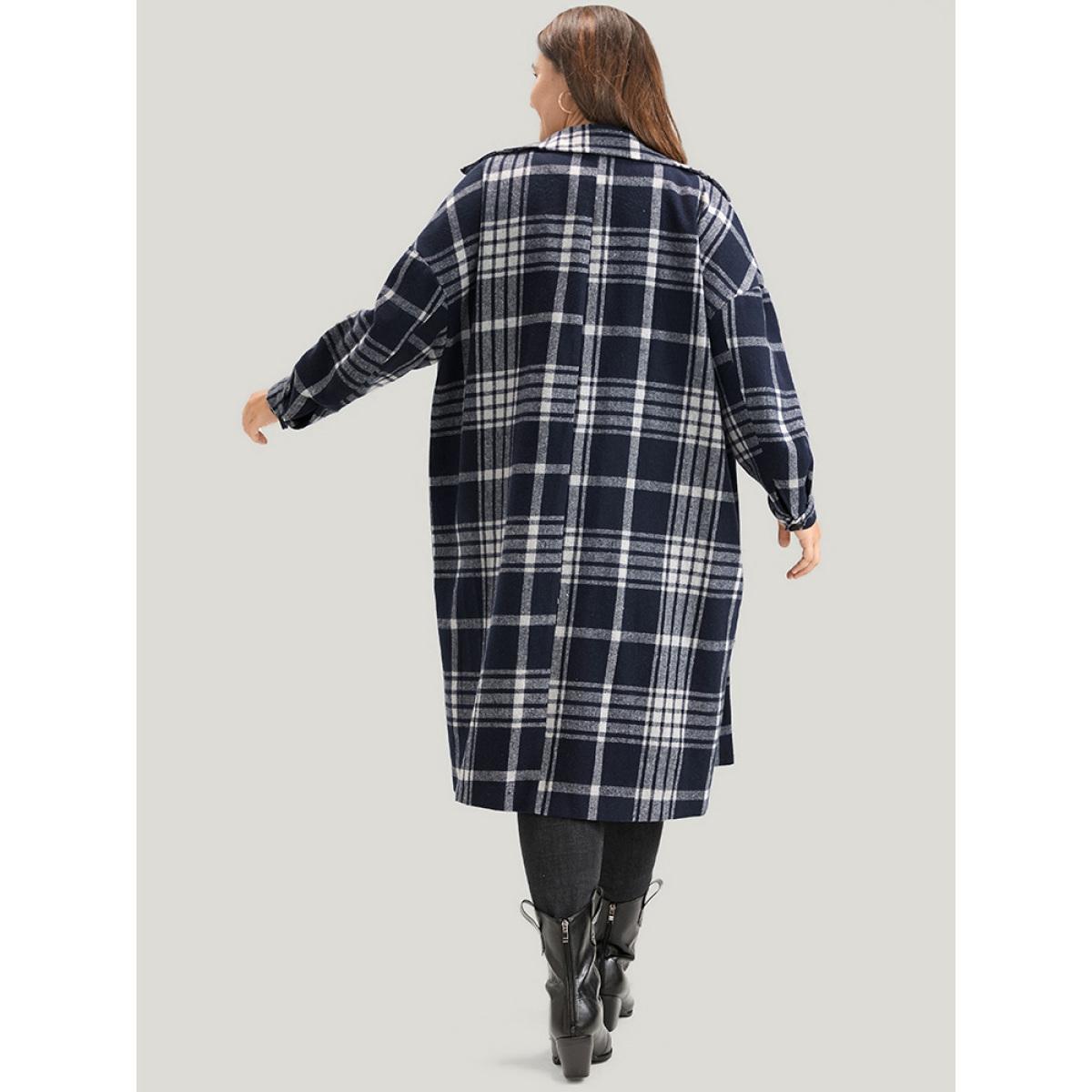 Plus Size Plaid Pocket Button Up Coat Without Belt Women Indigo Casual Pocket Ladies Dailywear Winter Coats BloomChic 12/L Product Image