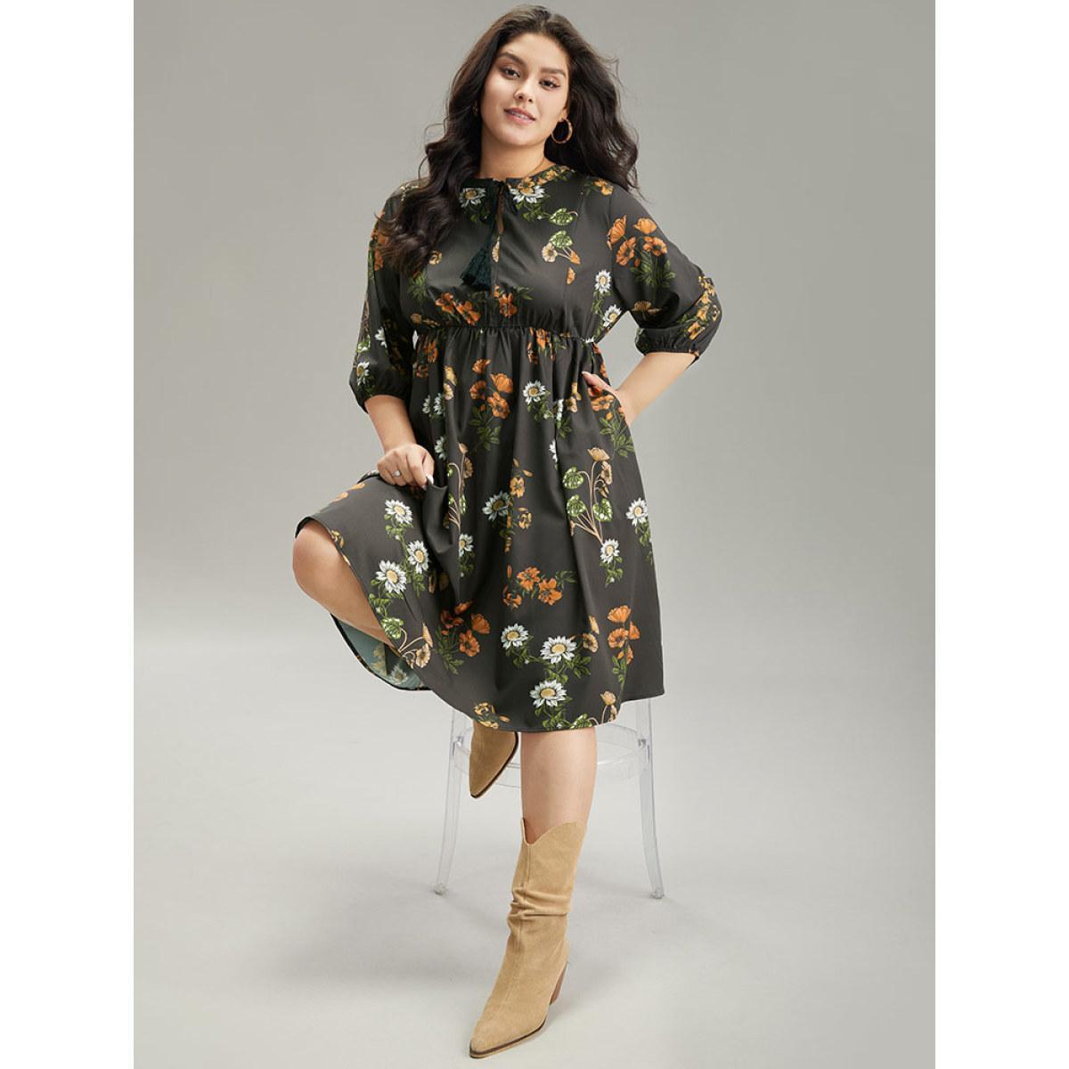Plus Size Floral Tassel Trim Gathered Knot Neck Dress Black Women Vacation Elastic cuffs Tie Neck Elbow-length sleeve Curvy Knee Dress BloomChic 28/5X Product Image