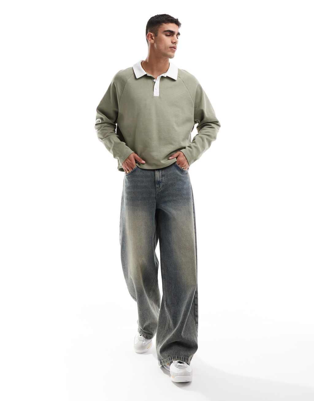 ASOS DESIGN rugby polo sweatshirt with raglan sleeves in khaki Product Image