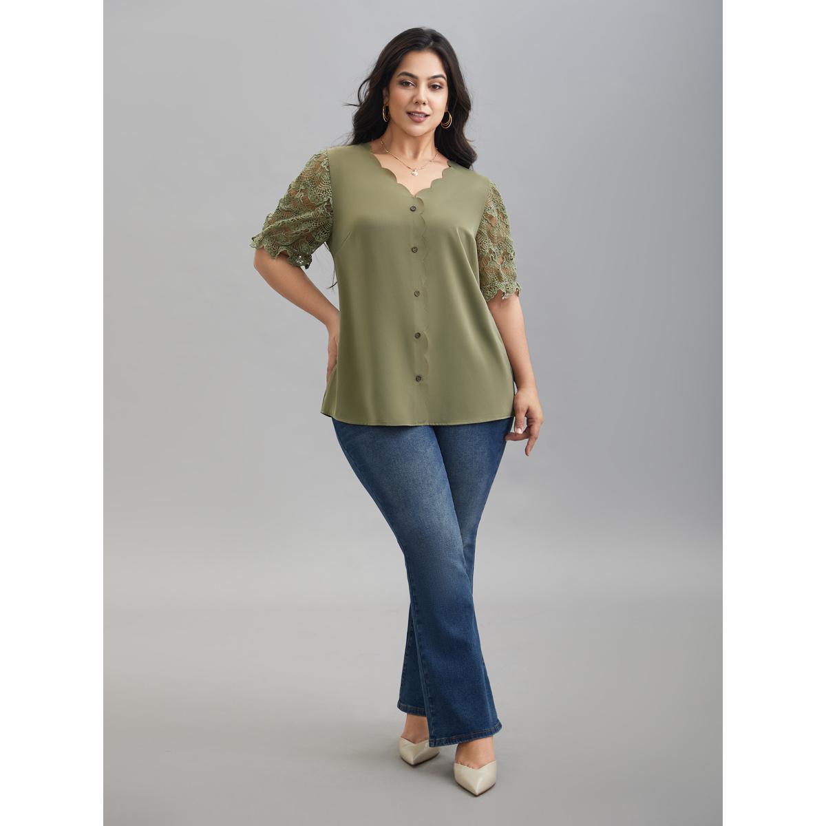 Plus Size Sage Lace Patchwork Scalloped Neck Front-Placket Blouse Women Elegant Half Sleeve V-neck Everyday Blouses BloomChic 30/6X Product Image