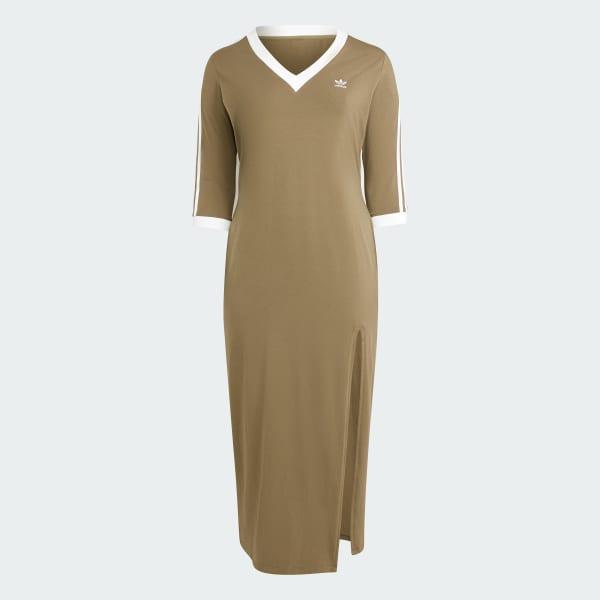 adidas Adicolor Classics 3-Stripes V-Neck Maxi Dress (Plus Size) Olive Strata 4X Womens Product Image