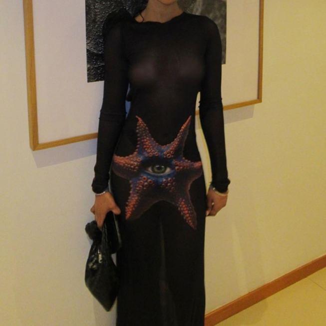 Long Sleeve Crew Neck Starfish Print Maxi Sheath Dress Product Image