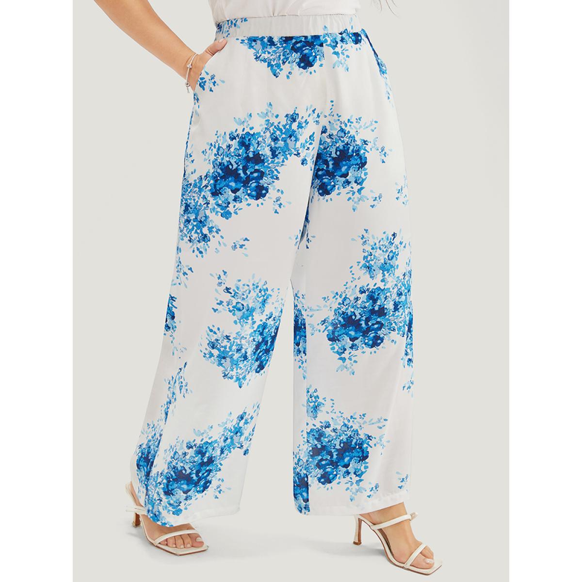 Plus Size Graphic Print Wide Leg Mid Rise Pocket Pants Women Cerulean Elegant Mid Rise Dailywear Pants BloomChic 22-24/3X Product Image