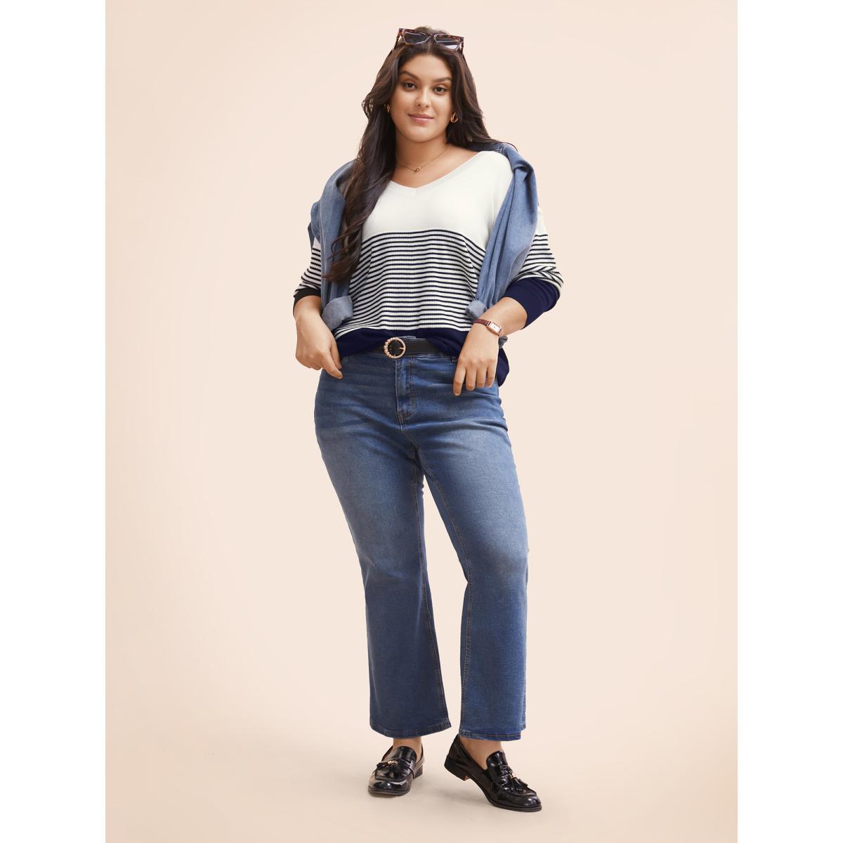 Plus Size Supersoft Essentials Striped Contrast Pullover Midnight Women Workwear Essentials Long Sleeve V-neck Work Pullovers BloomChic 14-16/1X Product Image