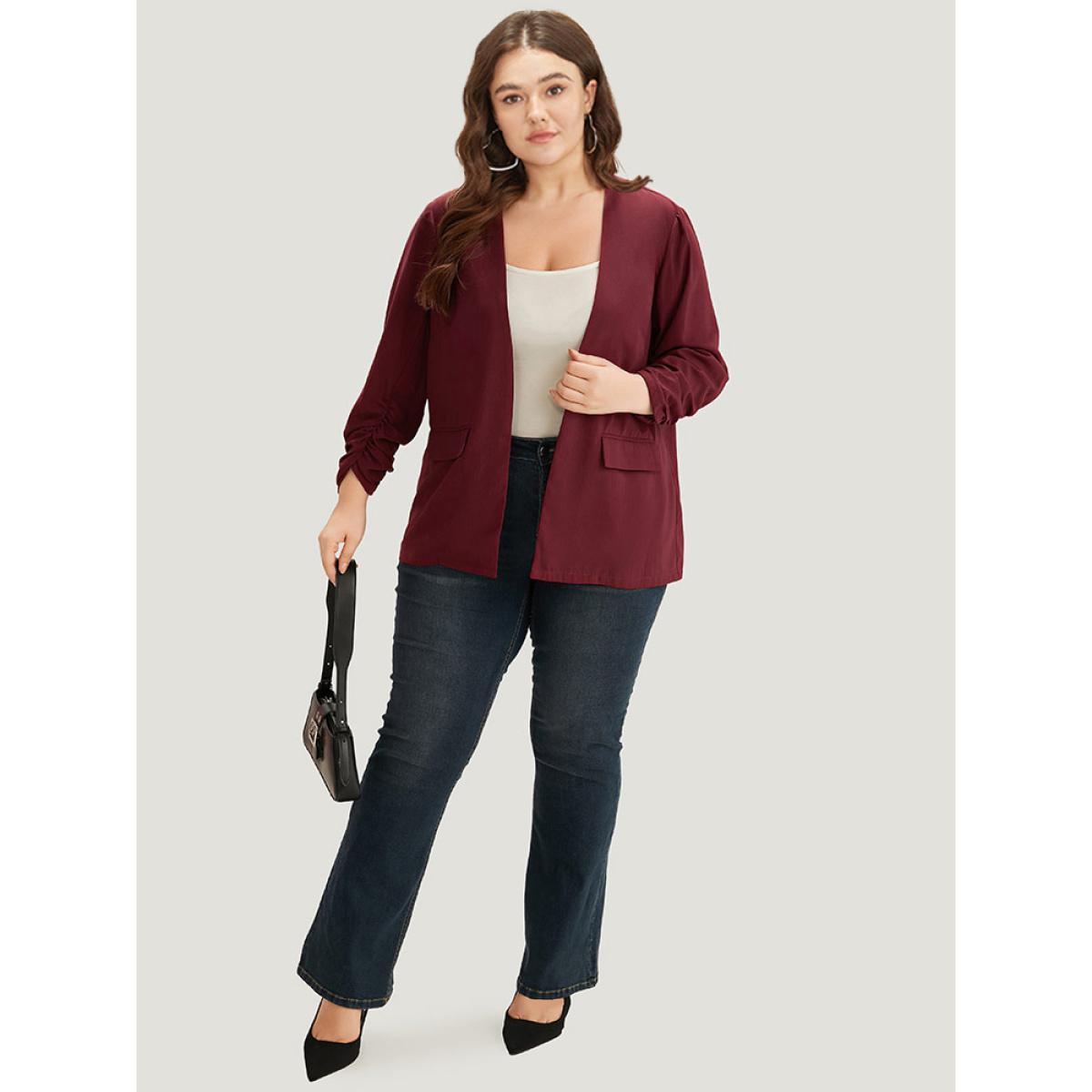 Plus Size Plain Pocket Open Front Gathered Blazer Scarlet Women Work Plain Elastic cuffs Sleeve Long Sleeve Open Front 18-20/2X Pocket Office Blazers BloomChic Product Image