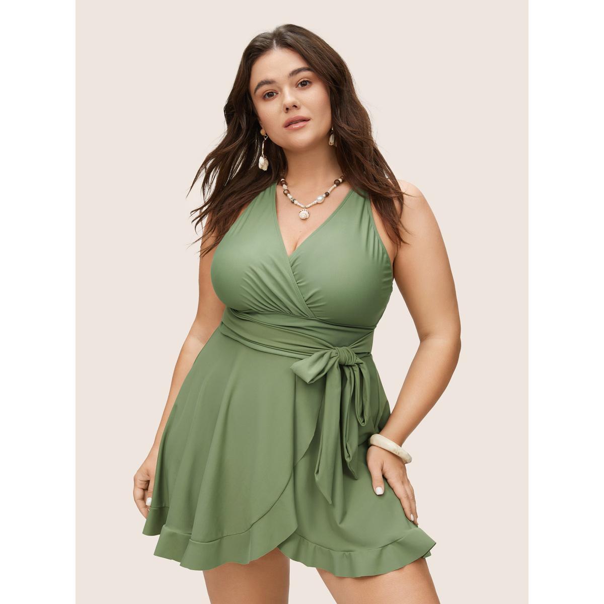 Plus Size Plain Ties Wrap Flutters Swim Dress Women's Swimwear Moss Beach Bodycon Overlap Collar High stretch Curve Swim Dresses BloomChic 28/5X Product Image