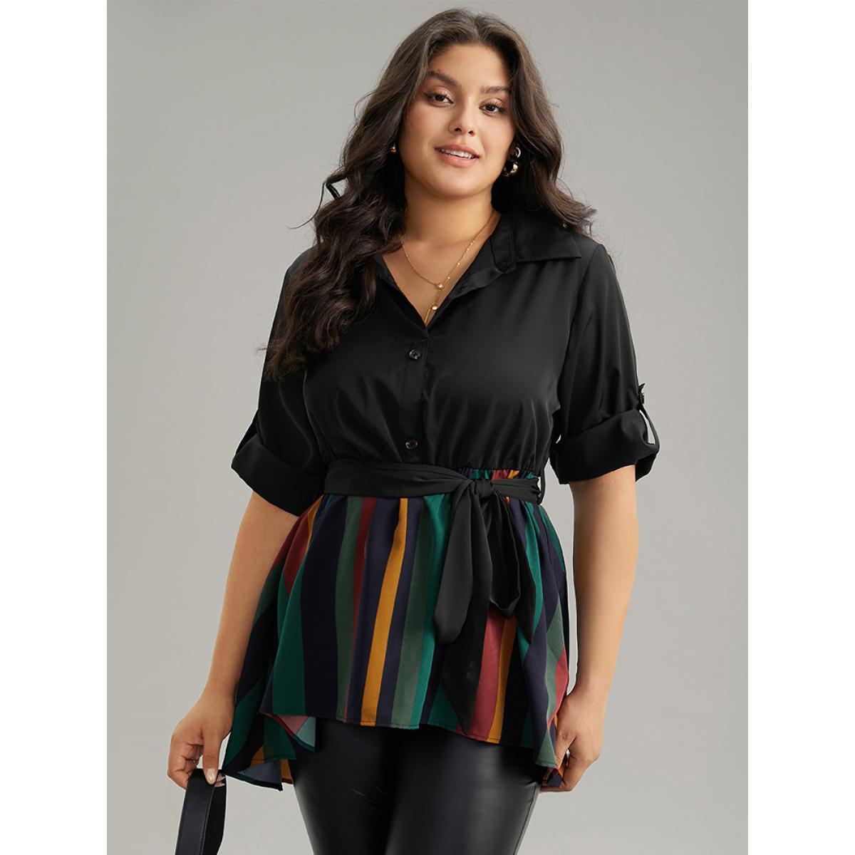 Plus Size Black Colour Striped Patchwork Belted Tab Sleeve Blouse Women Office Elbow-length sleeve Shirt collar Work Blouses BloomChic 18-20/2X Product Image