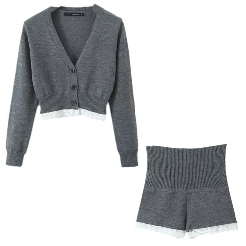 V-Neck Plain Lace Trim Cardigan / High Waist Knit Hot Pants Product Image