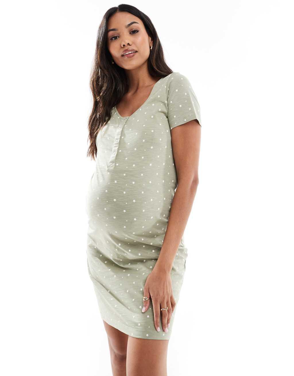 Mamalicious Maternity star print nightdress with nursing function in sage green Product Image